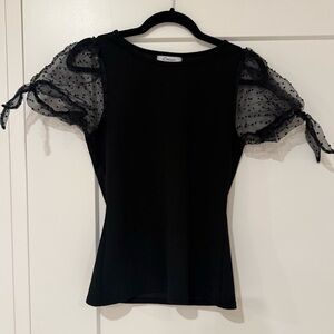 Black Fitted Top with Sheer Polka Dot Sleeves